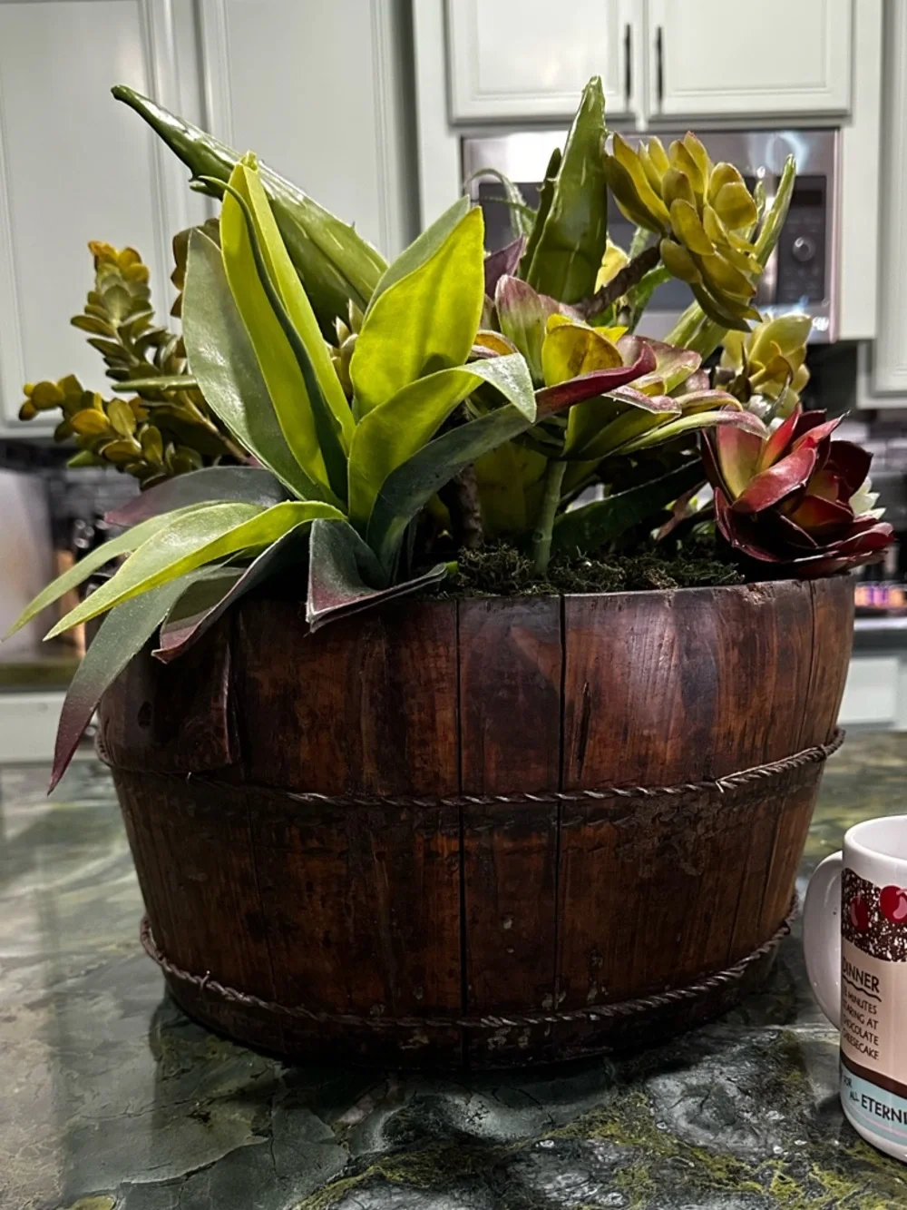 Succulent Barrel Arrangement -Green & Red Large rustic wood barrel planter 15x16